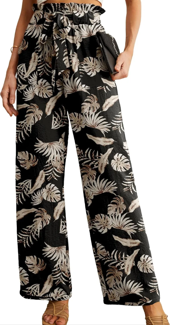 Women High Waist Palazzo Pants, Adjustable Knot Ankle Wide Leg Trousers Pockets Beach Vacation Lounge Office