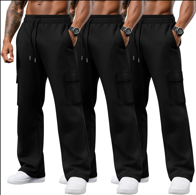 3 Pack Men's Cargo Sweatpants Drawstring Thin Straight Leg Pants Casual Baggy Open Bottom Jogger with Pockets