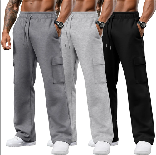 3 Pack Men's Cargo Sweatpants Drawstring Thin Straight Leg Pants Casual Baggy Open Bottom Jogger with Pockets