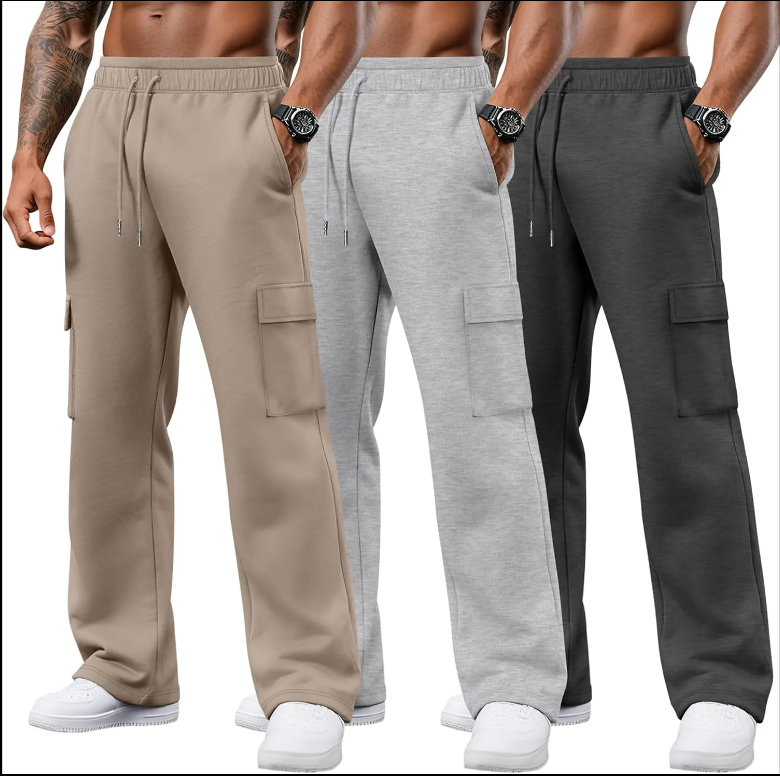 3 Pack Men's Cargo Sweatpants Drawstring Thin Straight Leg Pants Casual Baggy Open Bottom Jogger with Pockets