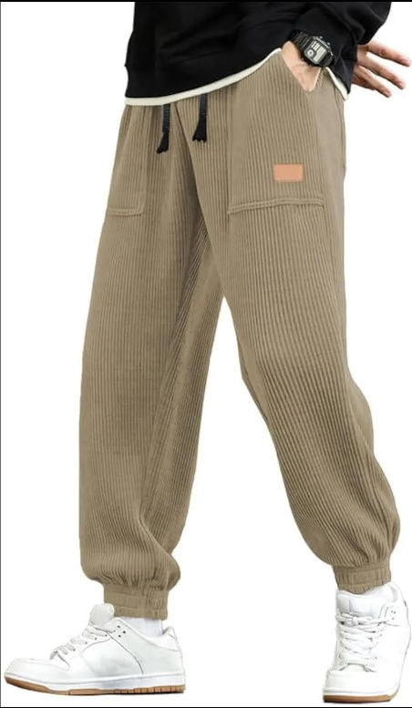 Mens Corduroy Joggers Pants Casual Cargo Pants Drawstring Elastic Waist Baggy Tapered Sweatpants with Pockets