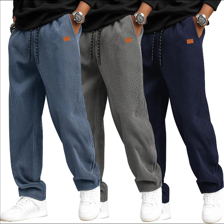 3 Pack Men's Corduroy Pants, Casual Drawstring Elastic Waist Straight Leg Loose Fit Baggy Sweatpants with Pockets