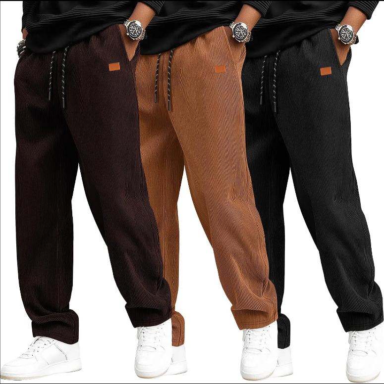 3 Pack Men's Corduroy Pants, Casual Drawstring Elastic Waist Straight Leg Loose Fit Baggy Sweatpants with Pockets