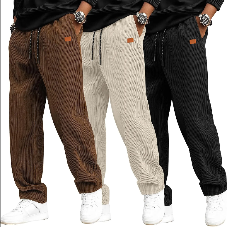 3 Pack Men's Corduroy Pants, Casual Drawstring Elastic Waist Straight Leg Loose Fit Baggy Sweatpants with Pockets