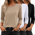 3 Pack 3/4 Sleeve Tops for Women T Shirts Round Neck Dressy Basics Tees Blouses Casual Trendy Loose Fit Shirts