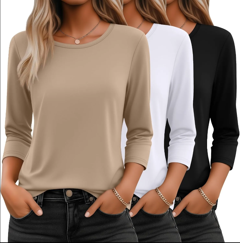 3 Pack 3/4 Sleeve Tops for Women T Shirts Round Neck Dressy Basics Tees Blouses Casual Trendy Loose Fit Shirts