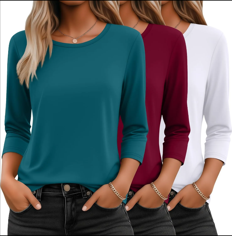 3 Pack 3/4 Sleeve Tops for Women T Shirts Round Neck Dressy Basics Tees Blouses Casual Trendy Loose Fit Shirts