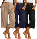 3 Pack Women's Capri Pants Casual Wide Leg Yoga Pants High Waist Drawstring Cropped Lounge Sweatpants with Pockets