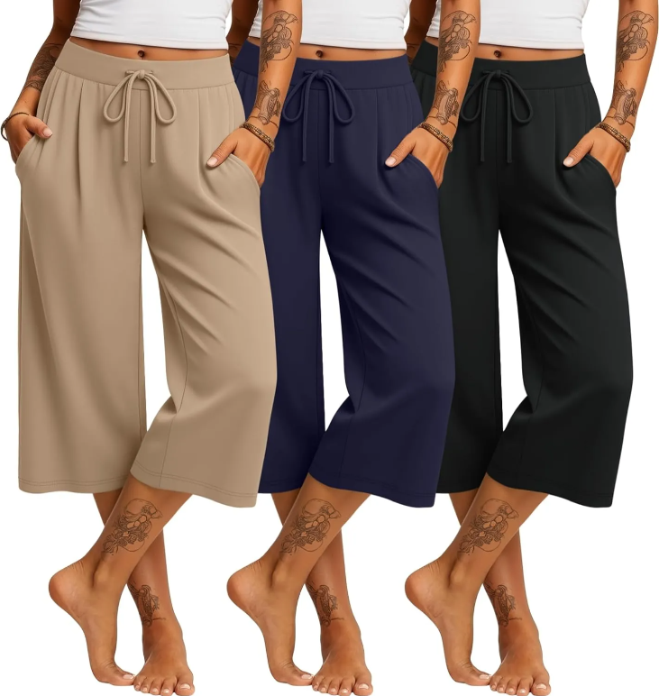 3 Pack Women's Capri Pants Casual Wide Leg Yoga Pants High Waist Drawstring Cropped Lounge Sweatpants with Pockets