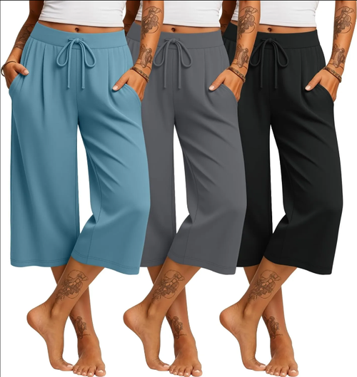 3 Pack Women's Capri Pants Casual Wide Leg Yoga Pants High Waist Drawstring Cropped Lounge Sweatpants with Pockets
