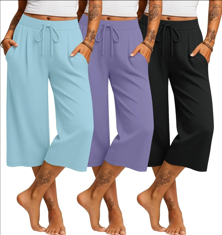 3 Pack Women's Capri Pants Casual Wide Leg Yoga Pants High Waist Drawstring Cropped Lounge Sweatpants with Pockets