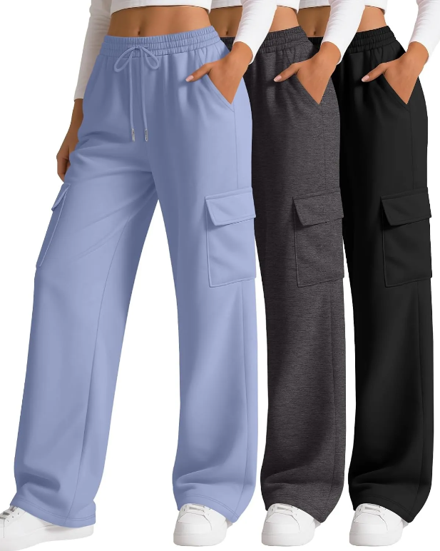 3 Pack Women's Cargo Sweatpants Wide Leg Baggy Loose Elastic Drawstring Pants Casual Athletic Joggers with 4 Pockets