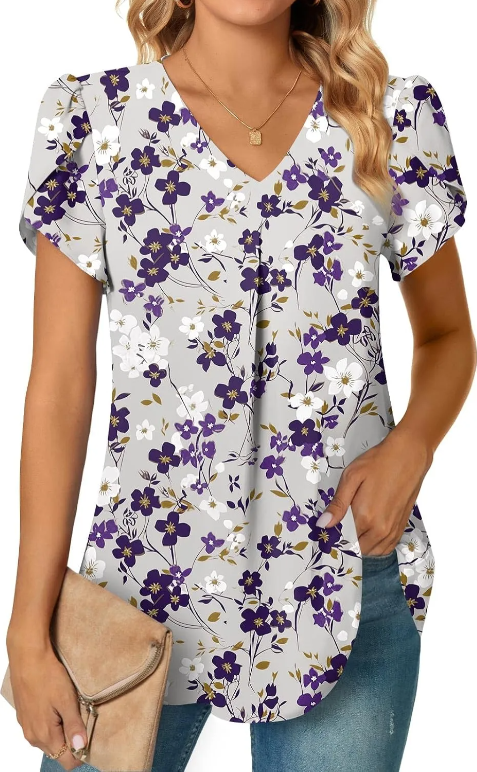 Women's Summer Tunic Tops Dressy Casual Chiffon Blouses Plus Size Short Sleeve T-Shirts for Leggings