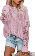 Womens Crewneck Crochet Lace Long Sleeve Hollow Out Cable Knit Sweaters Pullover Tops