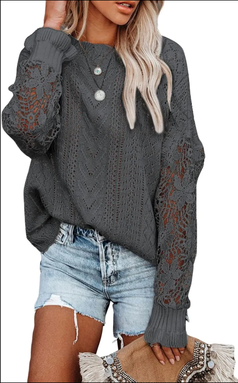 Womens Crewneck Crochet Lace Long Sleeve Hollow Out Cable Knit Sweaters Pullover Tops